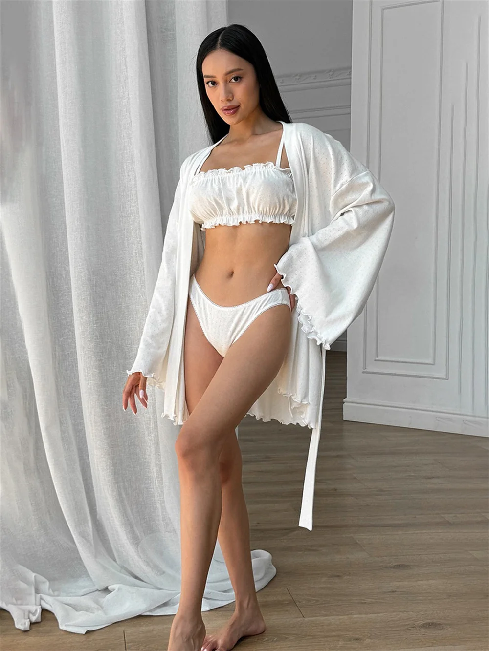 Summer New Style Underwear Shorts Robe 3-piece Set Spring New Knitted Pajamas Comfortable Women's Home Clothes