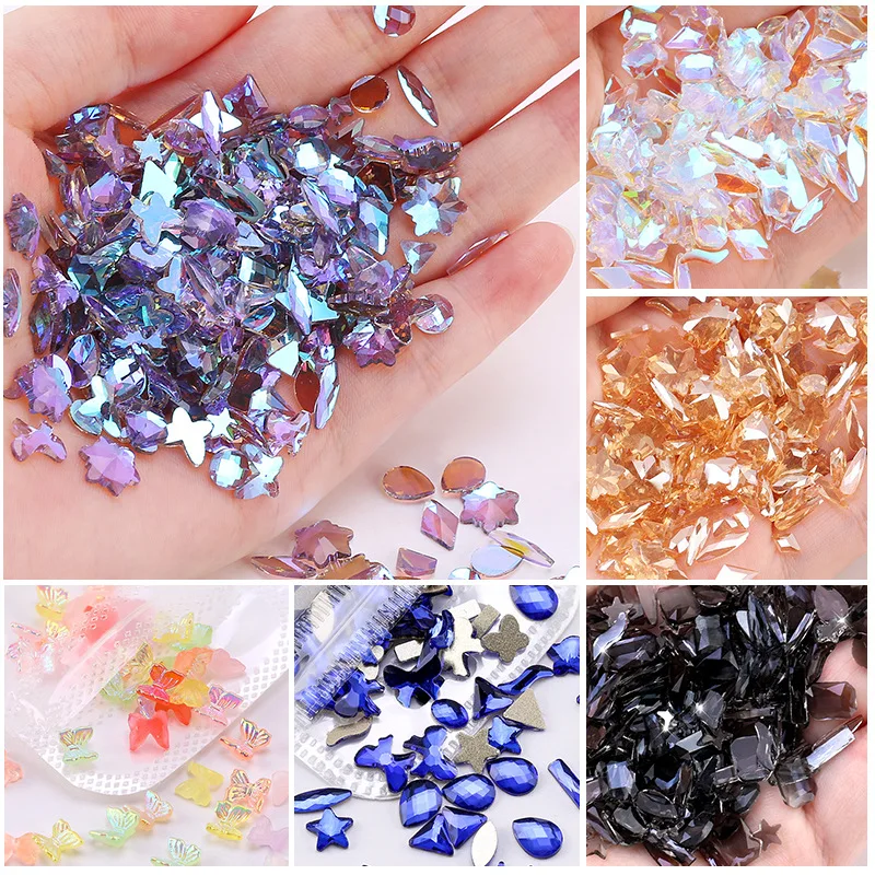 Mix 100pcs Wholesale of nail accessories mixed with diamonds shaped Aurora Phantom purple flat bottomed