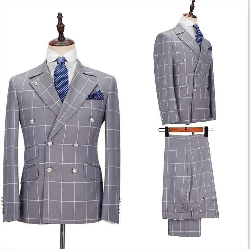 Xadrez Homens Ternos Set Para O Casamento Do Noivo Do Escritório Formal Smoking 2 Pcs Blazer + Calças Double Breasted Custom Made Festa Jaqueta Casaco Masculino