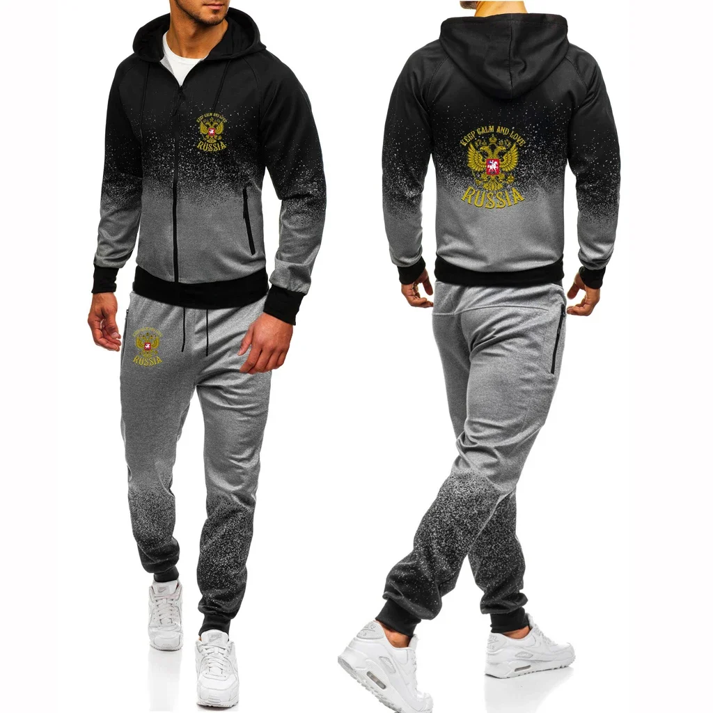 Russia Badge Gold Eagle Print Men Tracksuit 2 Piece Set Gradient Color Hoodies Sweatshirt Pants Sportswear Joggers Sweatsuits