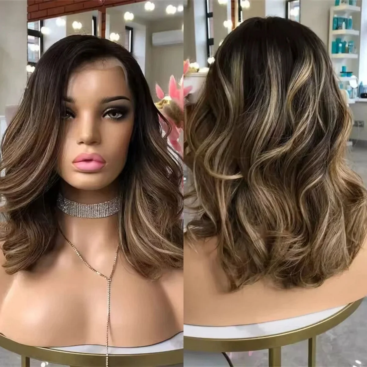 14 بوصة شعر مستعار بني شوكولاتة الكتف موجة فضفاضة الاصطناعية الدانتيل شعر مستعار أمامي تسليط الضوء على الألياف الاصطناعية قسط ارتداء اليومي #3