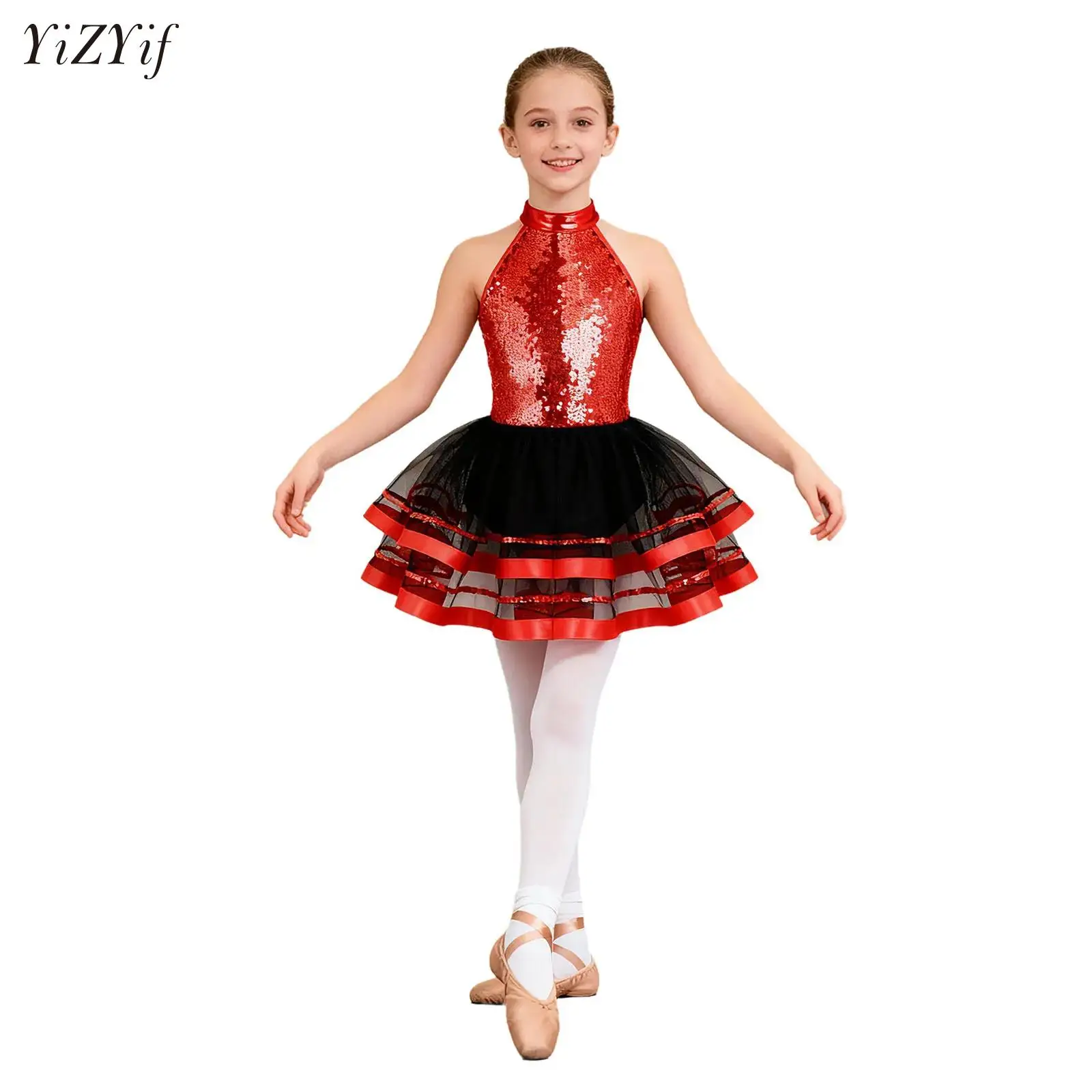 

Kids Girls Jazz Dance Performance Costume Sparkly Sequins Tulle Skirted Leotard Ballet Figure Skating Tutu Mesh Dance Dress