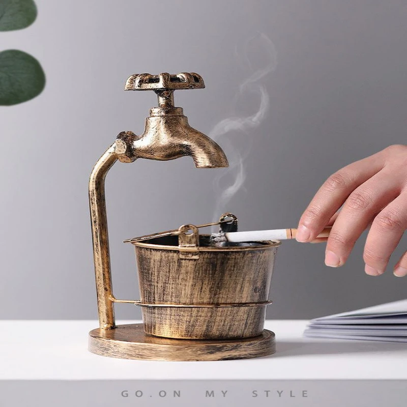 Creative Retro Iron Ashtray, Home Living Room Coffee Table Decoration Office Supplies Office Portable Faucet shaped Ashtray, 1Pc