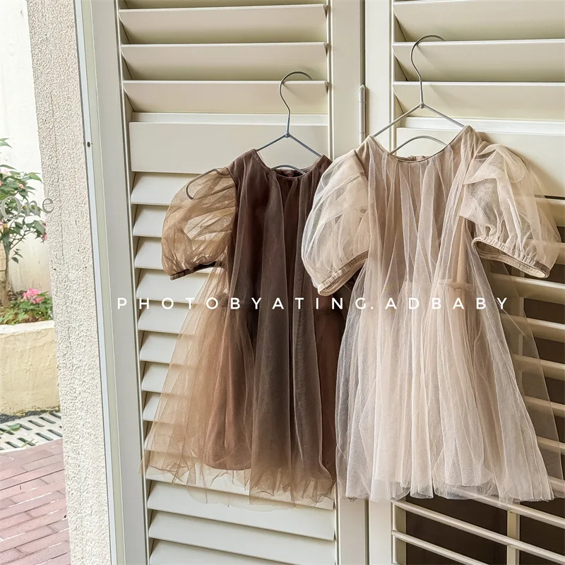 

Children Dress 2024 Korean Style Summer New Solid Color Fashion Tulle Skirt Princess Style Puffy Sleeves Summer Children Skirt