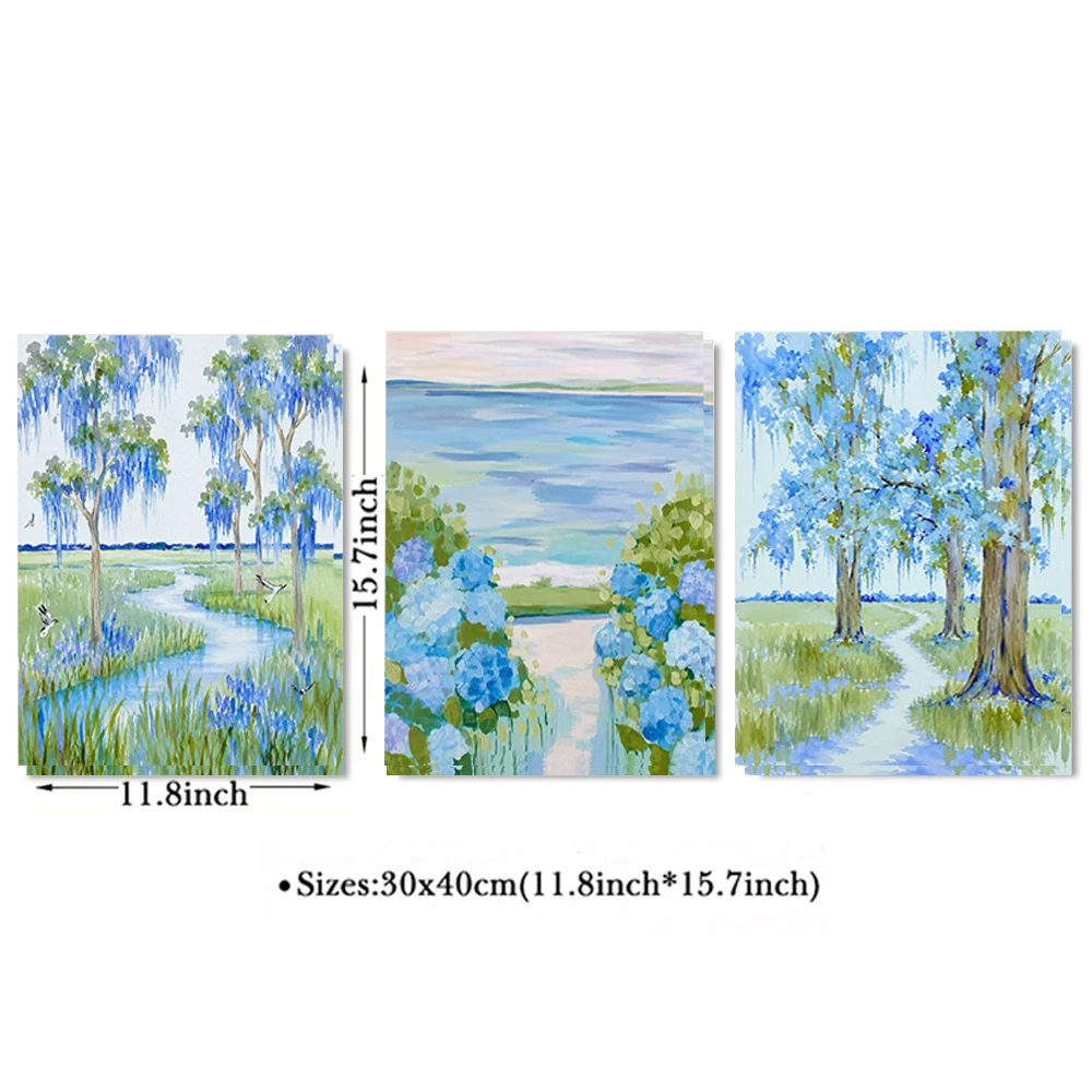 Set of 3 Blue Marsh Hydrangea Landscape Canvas Wall Art Prints Unframed Nature Living Room Bedroom Decor Modern Home Decor