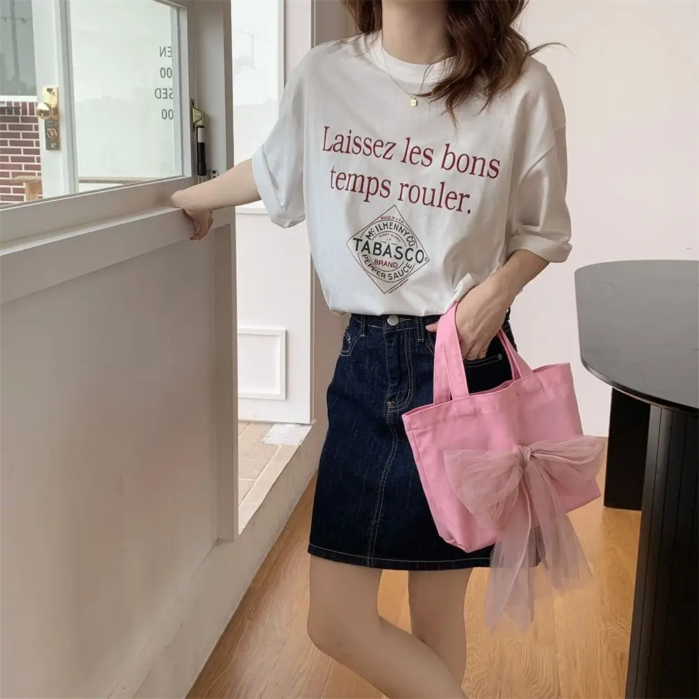

Fashion Ribbon Bow Handbag Large Capacity Fairy Mesh Tote Bag Lunch Bag Korean Style Canvas Tote Bag Girl