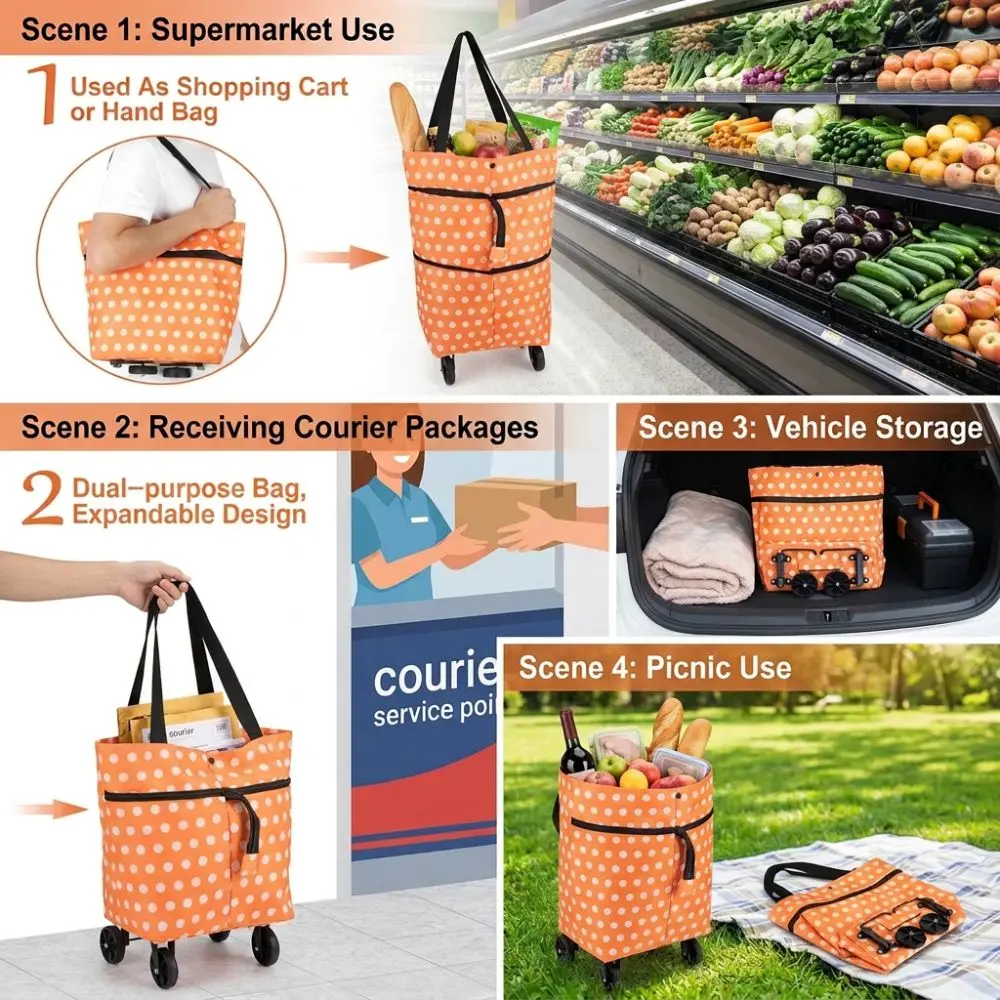 Oxford Cloth Rolling Shopping Bag 2-in-1 Dual Purpose Pull Handle Foldable Shopping Trolley Waterproof Coating