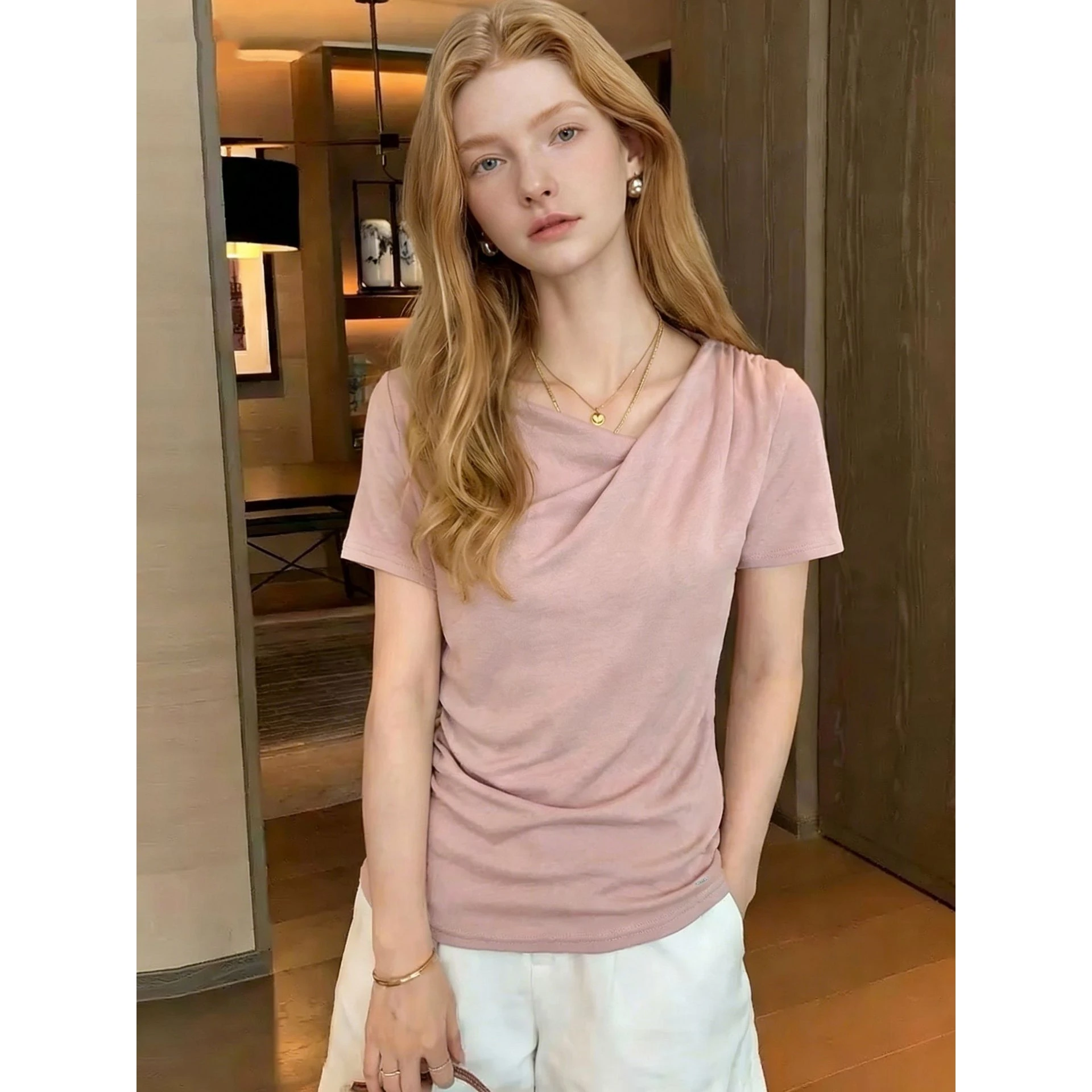 Elegant Pink Short Sleeve Women's T-shirt Drawn-In Slim Fit Summer Top Cross-Border Fashion Ladies' Premium Quality Tee