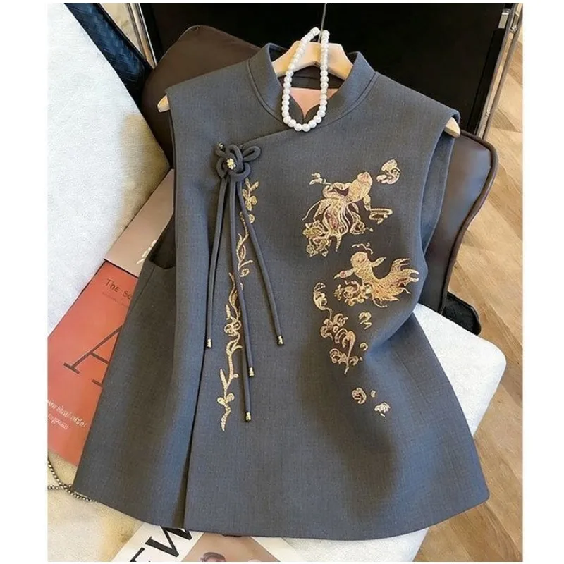Spring Heavy Industry Chinese-style Embroidered Button-up Vest Women New Chinese-style Commuting Retro Sleeveless Layering Top