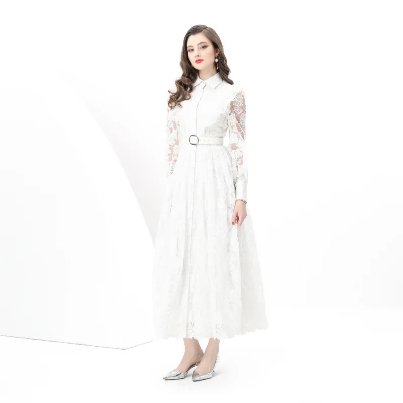 فستان طويل بتصميم عتيق مطرز بالدانتيل بأكمام جرس وياقة عالية من القطن فستان ماكسي للربيع والصيف والخريف أزياء نسائية عصرية