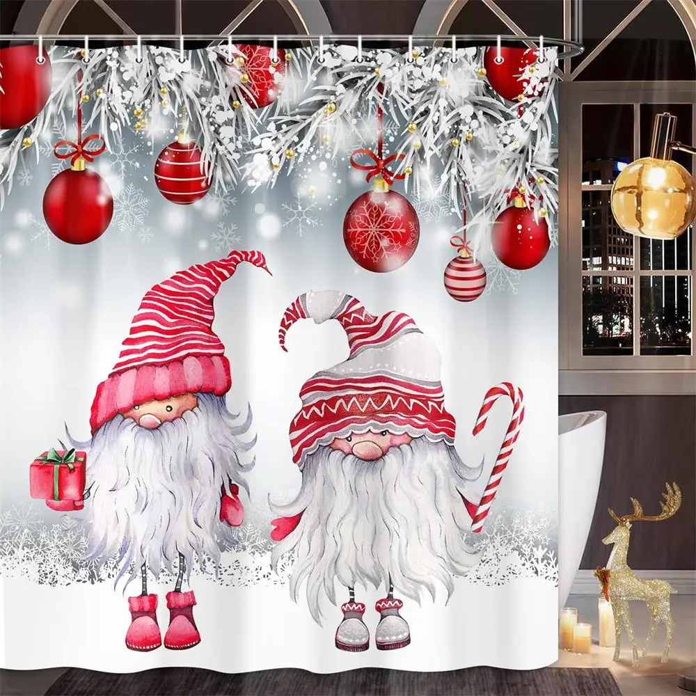 Funny Cartoon Elk Santa Claus Shower Curtain Red Xmas Balls Fir Branches New Year Christmas Bath Curtains Fabric Bathroom Decor