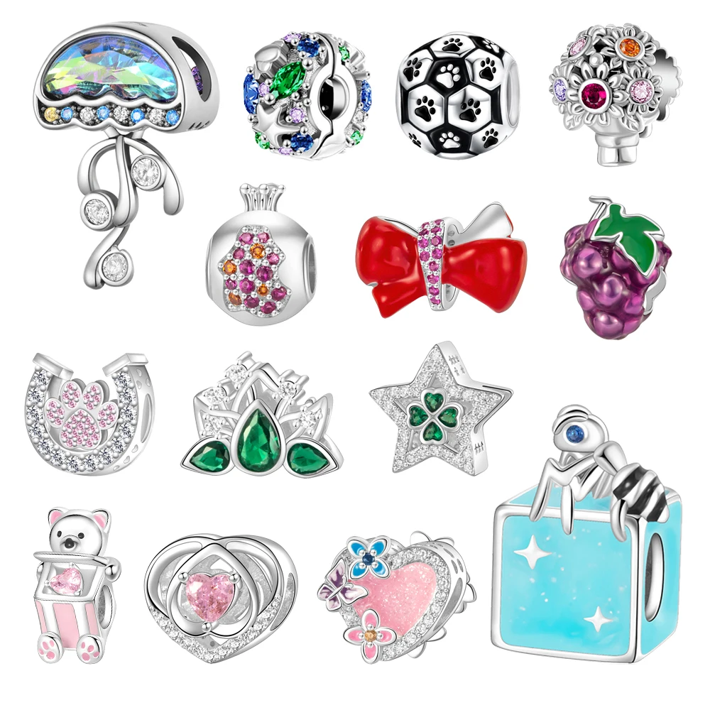 Encantador Charm de Plata de Ley 925 con diseño de Guayaba, Uva, Lazo, Cubo de Hielo, Medusa y Ramo, compatible con pulseras y collares DIY, ideal como regalo de joyería