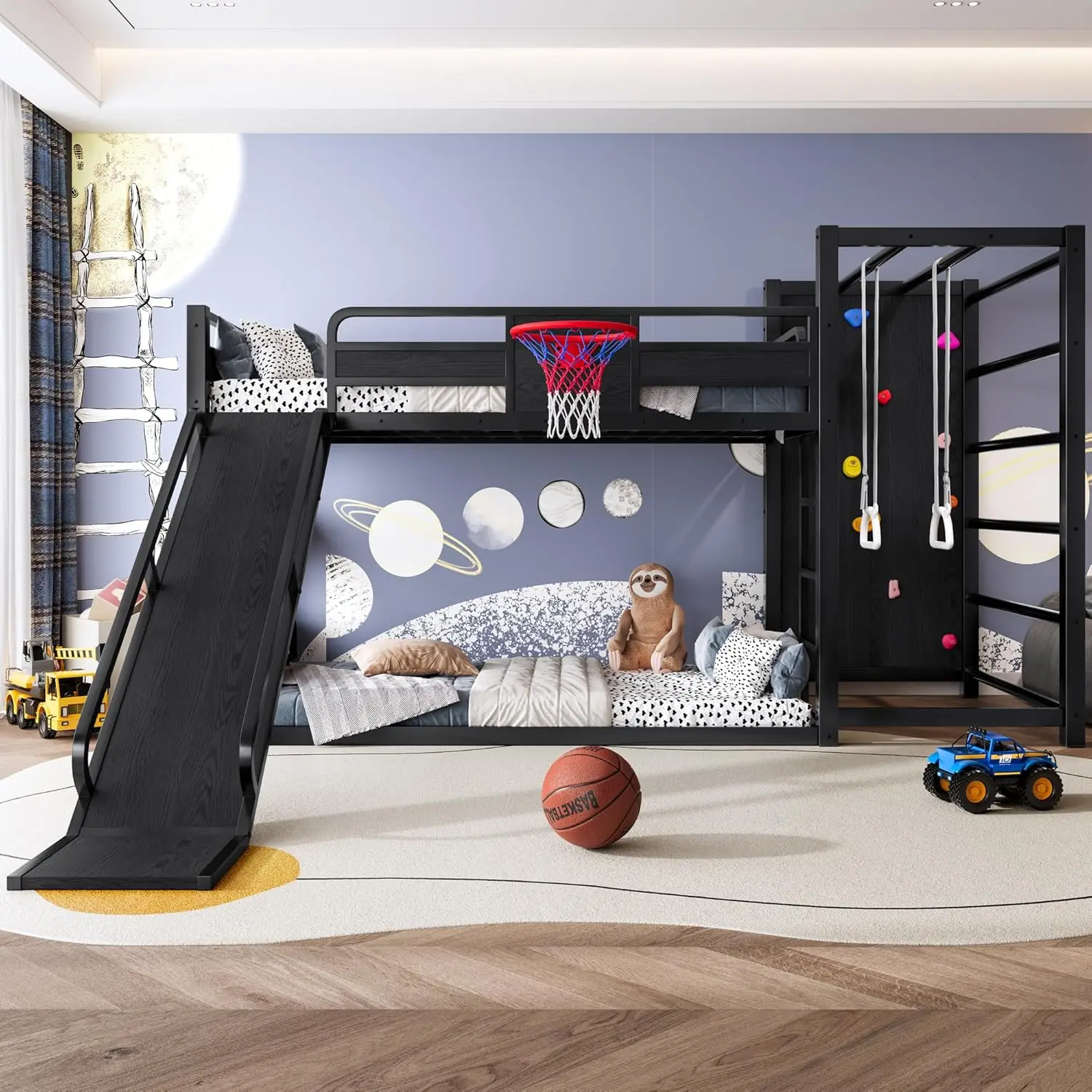 Twin Twin Size Loft Bed with Slide and Climbing Wall, Kids Bunk Bed with Basketball Hoop and Pull-up Rings, Black, Customized - Aliexpress Deal