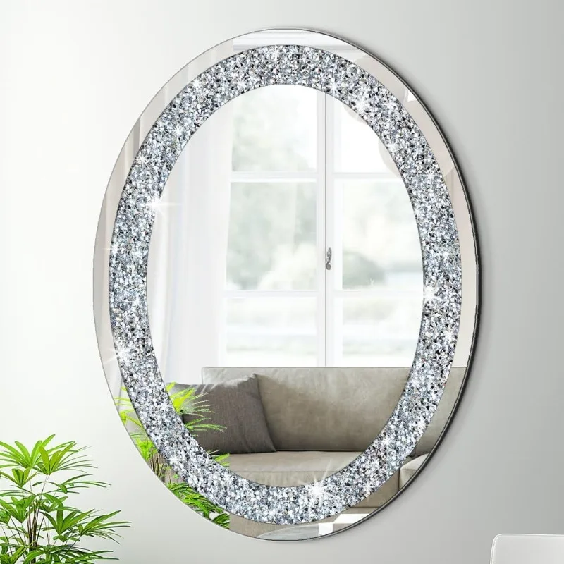 

Crystal Crushed Diamond Oval Shaped Silver Mirror Glam Bling for Wall Decoration 24x32x0.9inch Frameless Wall Hang Spar
