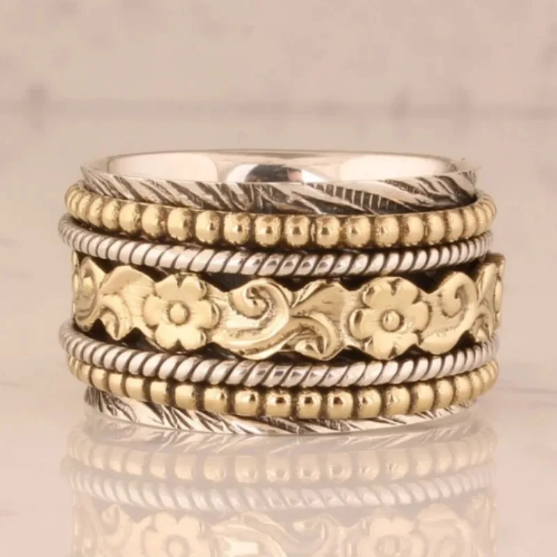 

Vintage Hand Carved Flower Women's Ring Creativity Two Color Metal Geometry Daily Wear Party Jewelry Anniversary Gift