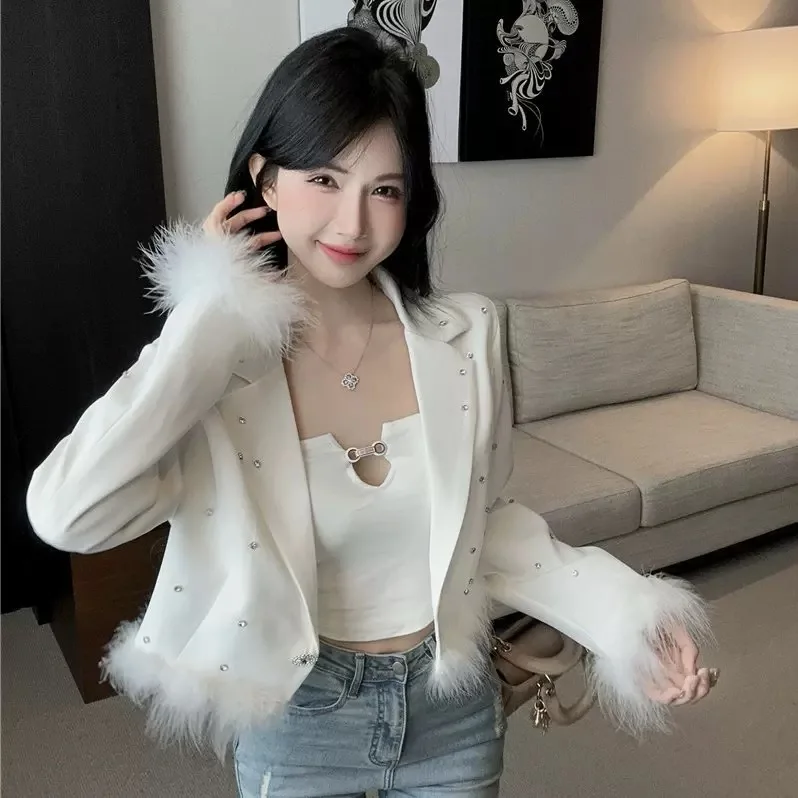 

Diamond Fur Cuff Stitching Women Short Blazer Coats Winter Autumn Jackets Luxury Design Trendy Korean Lady Single Button Blazers