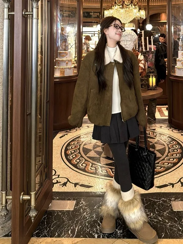 Jaqueta de Couro Americano Retrô com Zíper, Gola Dobrável, Veludo de Pele de Veado, Estilo Coreano, Tamanho Pequeno para Mulheres...