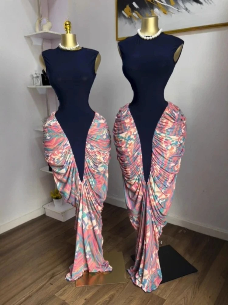 เดรสยาวทรงสโมค ผ้าพิมพ์ลาย แต่งระบาย ผูกเชือก แขนกุด สำหรับผู้หญิง เหมาะสำหรับวันหยุด ปาร์ตี้ งานวันเกิด ปี 2025