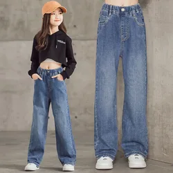 Spring Kid's Jeans 3-9Y Cute Girls Solid Color Loose Wide Leg Pants Childrens Outwear Denim Trousers