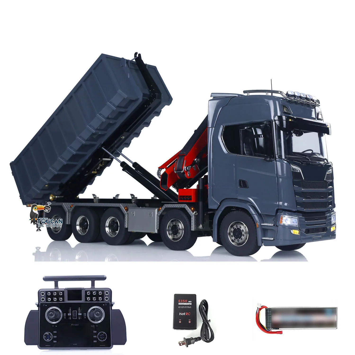 10x10 1/14 RC Hydraulic Full Dump Truck Crane 770S Metal Remote Control Roll on off Tipper 3Speed RTR Model Car Frsky XE Radio