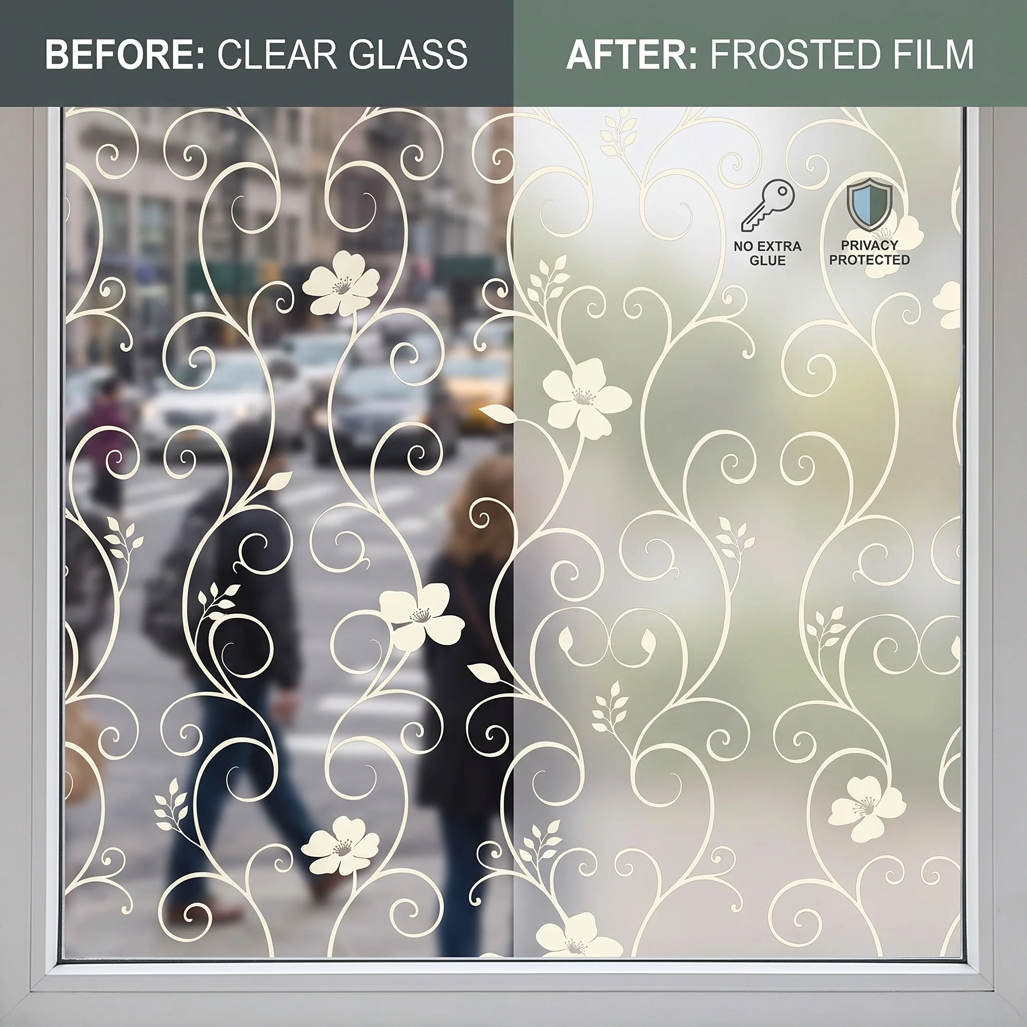 Elegant Scroll Floral Vine Frosted Window Film Self‑Adhesive Privacy Glass Decal PVC Flower Sticker for Shower Door Balcony