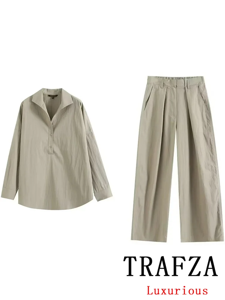 TRAFZA Casual Solid Women Suit V Neck Long Sleeve Loose Shirt High Waist Long Wide Leg Pants Fashion 2024 Autumn Basics Sets