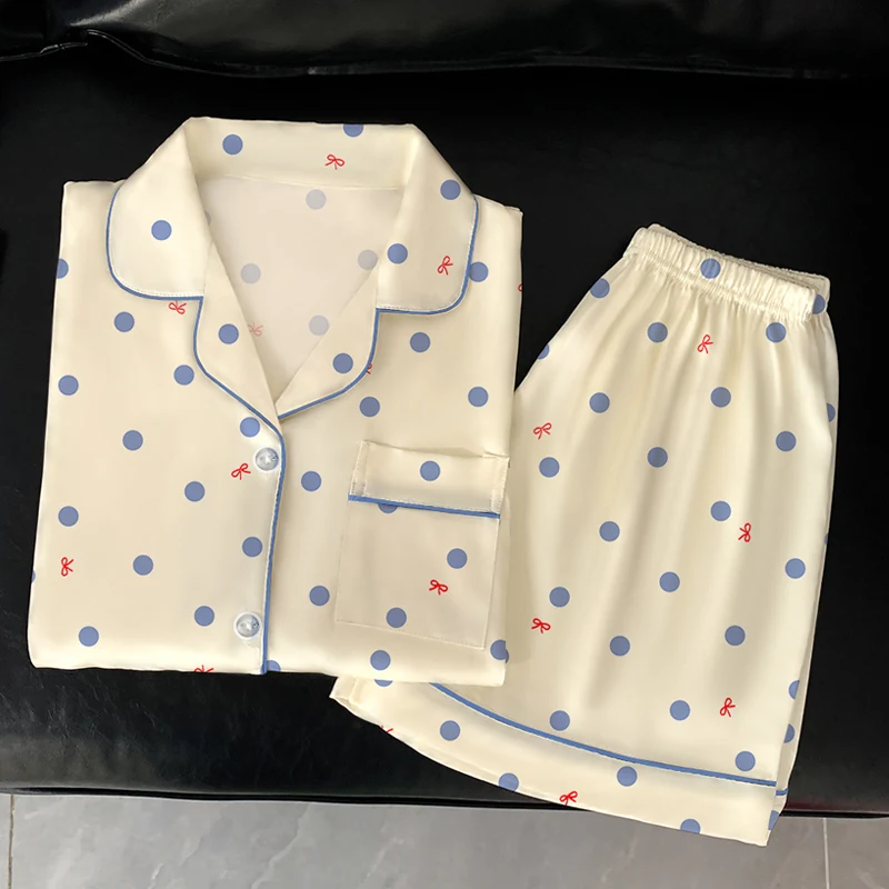 دوت ربطة القوس فيونكة لطيف طباعة منامة مجموعة للنساء جماليات فرنسية قصيرة جديدة ملابس خاصة امرأة الصيف موضة Y2K مجموعة بيجامات بسيطة #4