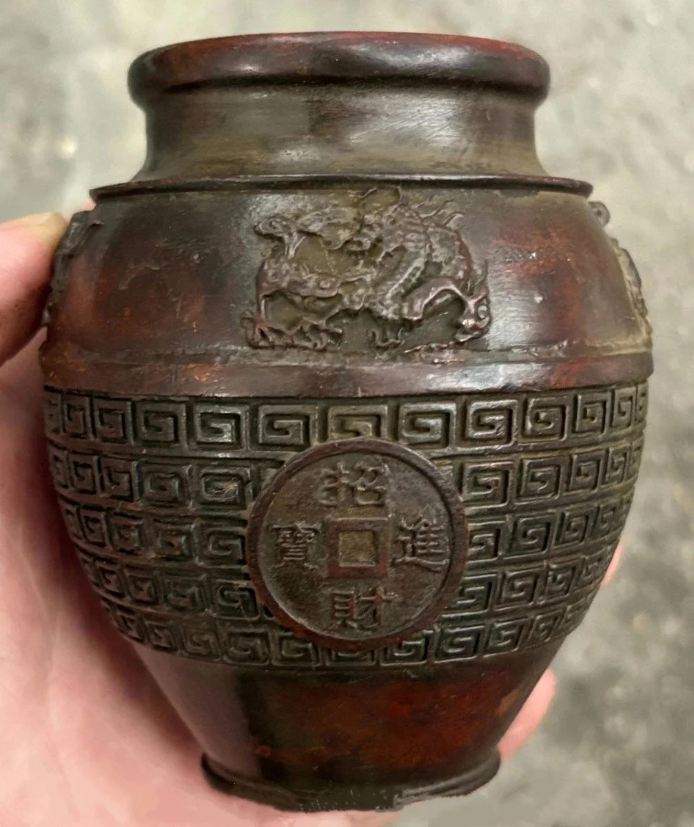 3.4" Marked Old Chinese Copper Carving Dynasty Palace Dragon Money Tank Jar
