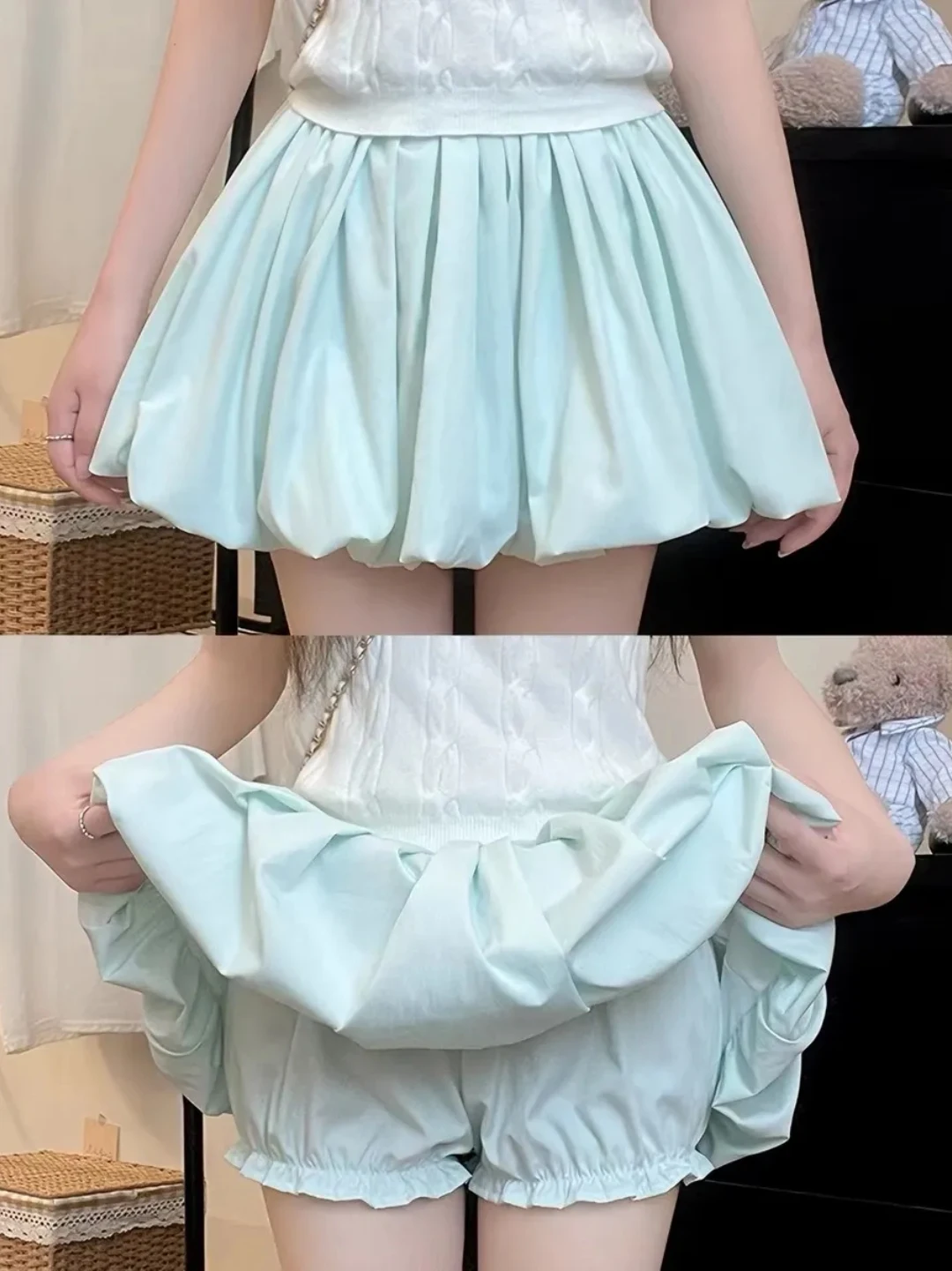High Waist Unique Bloom Half Skirt Women's Summer Slimming Short Pleated Pure Color Anti-Light Puffy  Skirt Commute Style