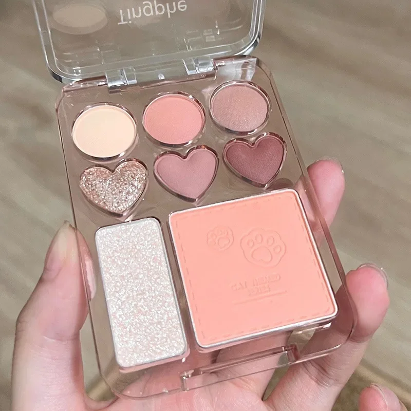 Paleta de sombras rosa laranja, 8 cores, blush facial, iluminador, duradouro, em forma de coração, maquiagem, cosméticos