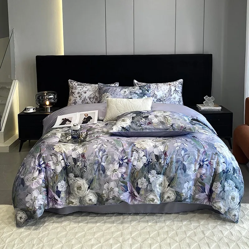 Gray Purple Floral Print 4Pcs 600TC Egyptian Cotton Bedding Comforter Quilt Cover Zip Closure Duvet cover Bed Sheet Pillowcases