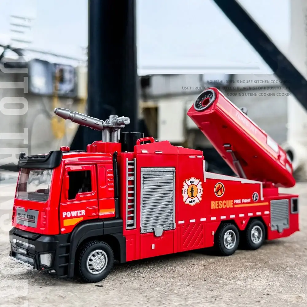 Modelo de caminhão de bombeiros escala 1:32 com luz sonora brinquedo interativo spray de água brinquedo de resgate de incêndio função pull-back carros de motor de incêndio