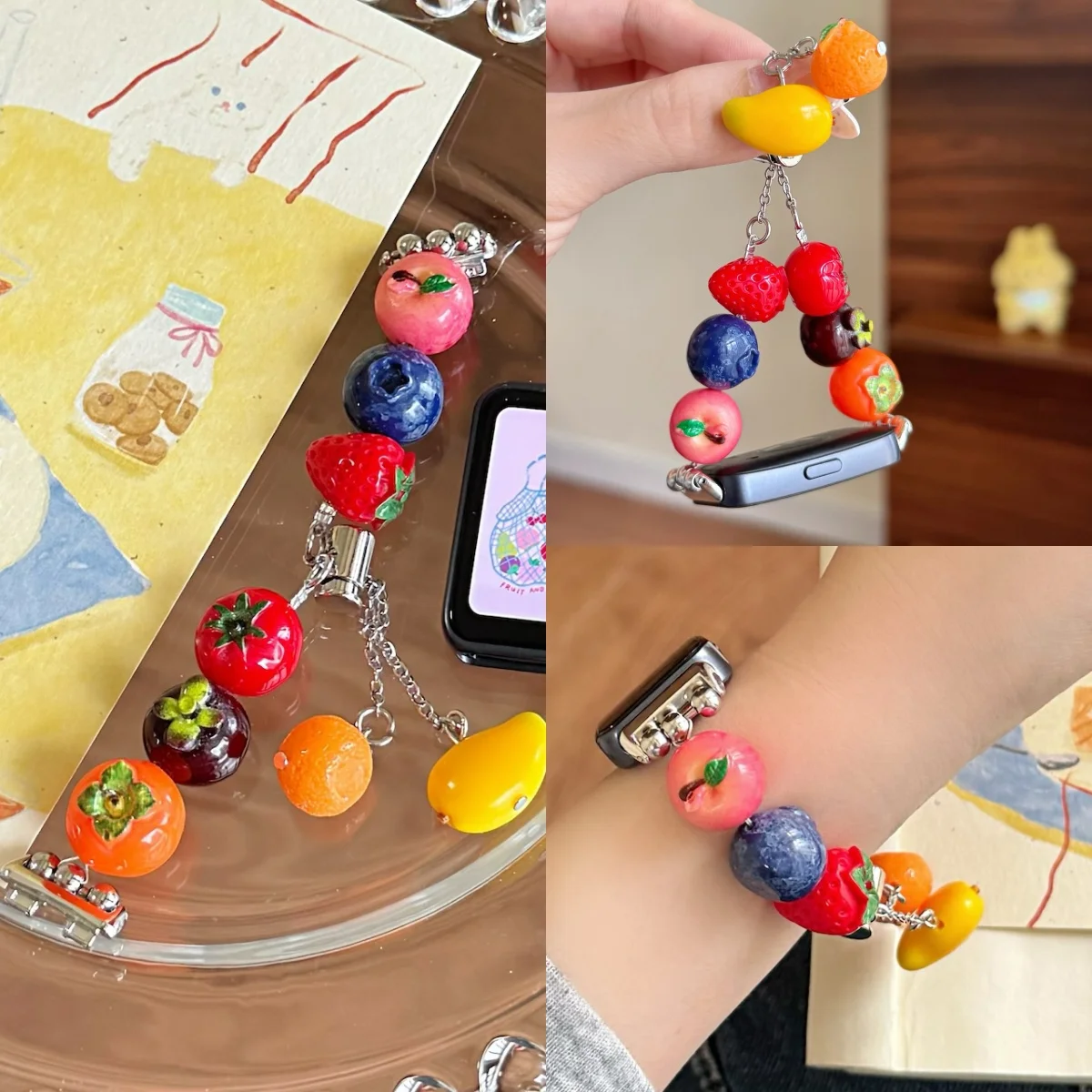 3D Vivid Fruit Resin Chain Bracelet For Huawei Fit3-5/4Pro Band 8-11 18/20/22mm Kawaii Cute Summer Sweet Girls Wrist Accessory