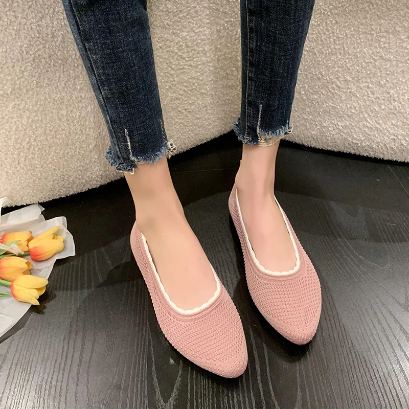 2024 Spring and Autumn Season New Round Head Mesh Weaving Surface Light Mouth Solid Color External Wear Women's Single Shoes