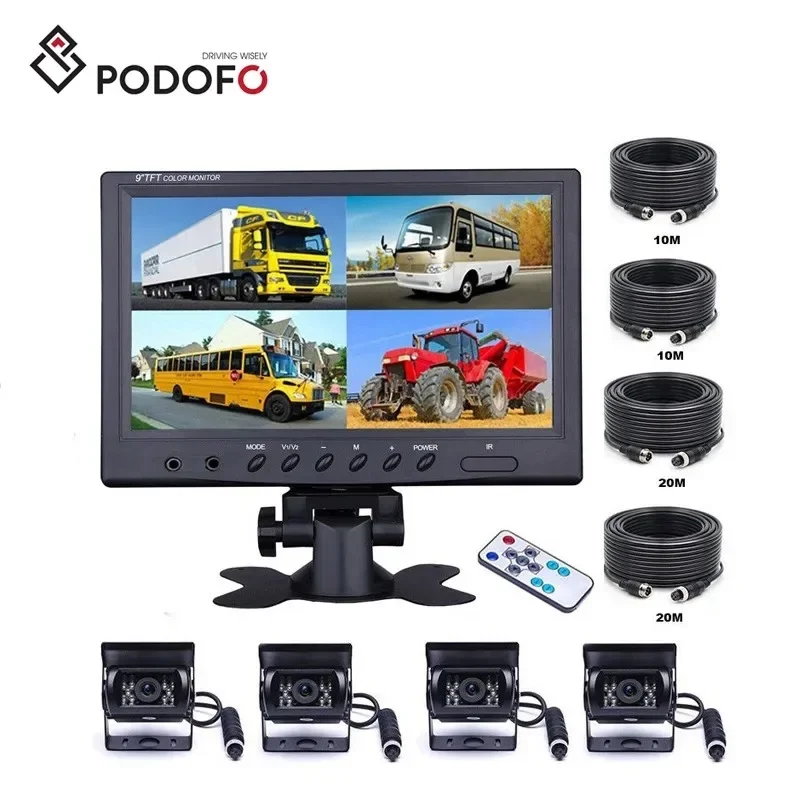 Podofo 9'' Quad Split Monitor Car Rear View Camera Kit Waterproof Night Vision for Truck Bus RV Heavy-duty Vehicles 12V-35V