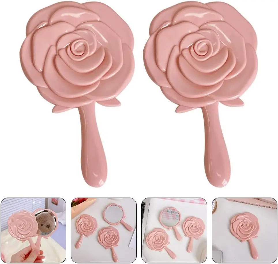 Portable  2pcs Flower Shaped Hand  Hand Held Decorative Mirrors Compact  with Handle for Face Makeup Travel Personal Cosmetic Sa