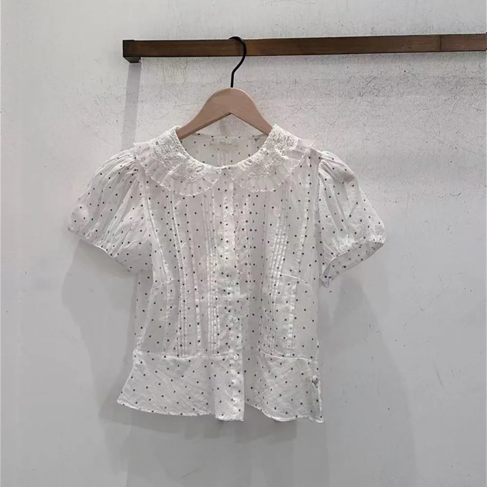 2026 Summer Women Sweet Style Cropped Blouses Lace Peter Pan Collar Puff Sleeve Polka Dot Printed Shirts Casual Versatile Daily