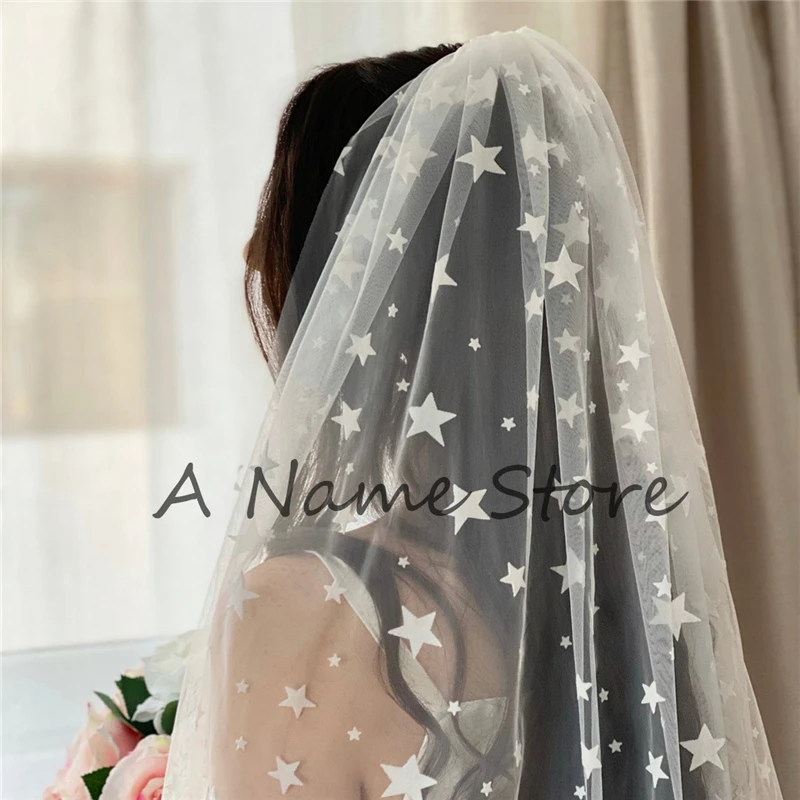 Long Starry Bridal Wedding Veils Cathedral With Comb Big Small Stars One Layer for Brides Ivory New 3 4 5 Metres