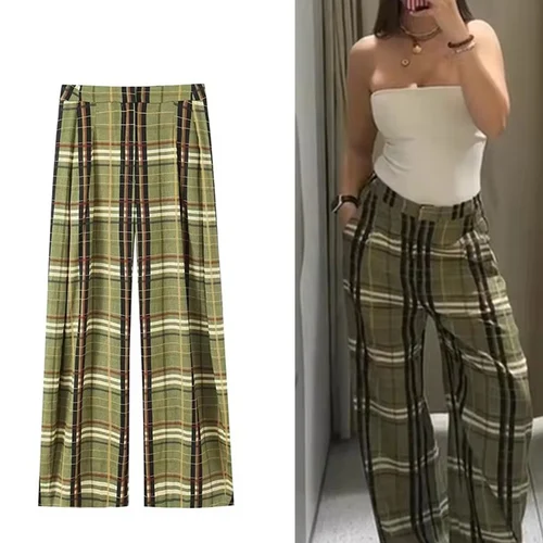 Pantalones elegantes con sentido del diseño para mujer, pantalones largos rectos sueltos, moda de otoño 2025, pantalones informales a rayas con rejilla
