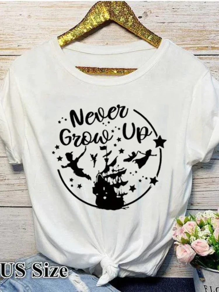 Camiseta con estampado de letras Never Grow Up para Mujer, camiseta holgada de manga corta con cuello redondo, camiseta de verano para Mujer, Tops, ropa, Camisetas para Mujer