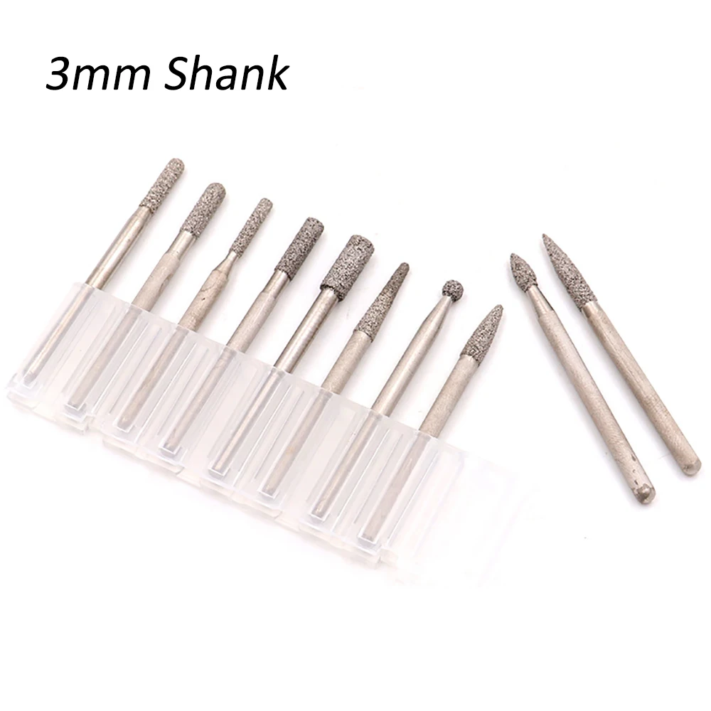 

10pcs/set Diamond Grinding Head Burr Bit Set Rotary Tool Needle Point Engraving Accessories 3mm For Stone Glass Carving Drill