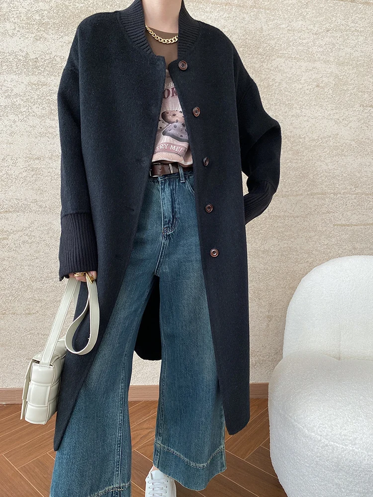 [EAM] Camel 68.5% Wool Big Size  Woolen Coat New Stand Collar Long Sleeve Women Jacket Fashion Tide Autumn Winter 2024 1DH7554