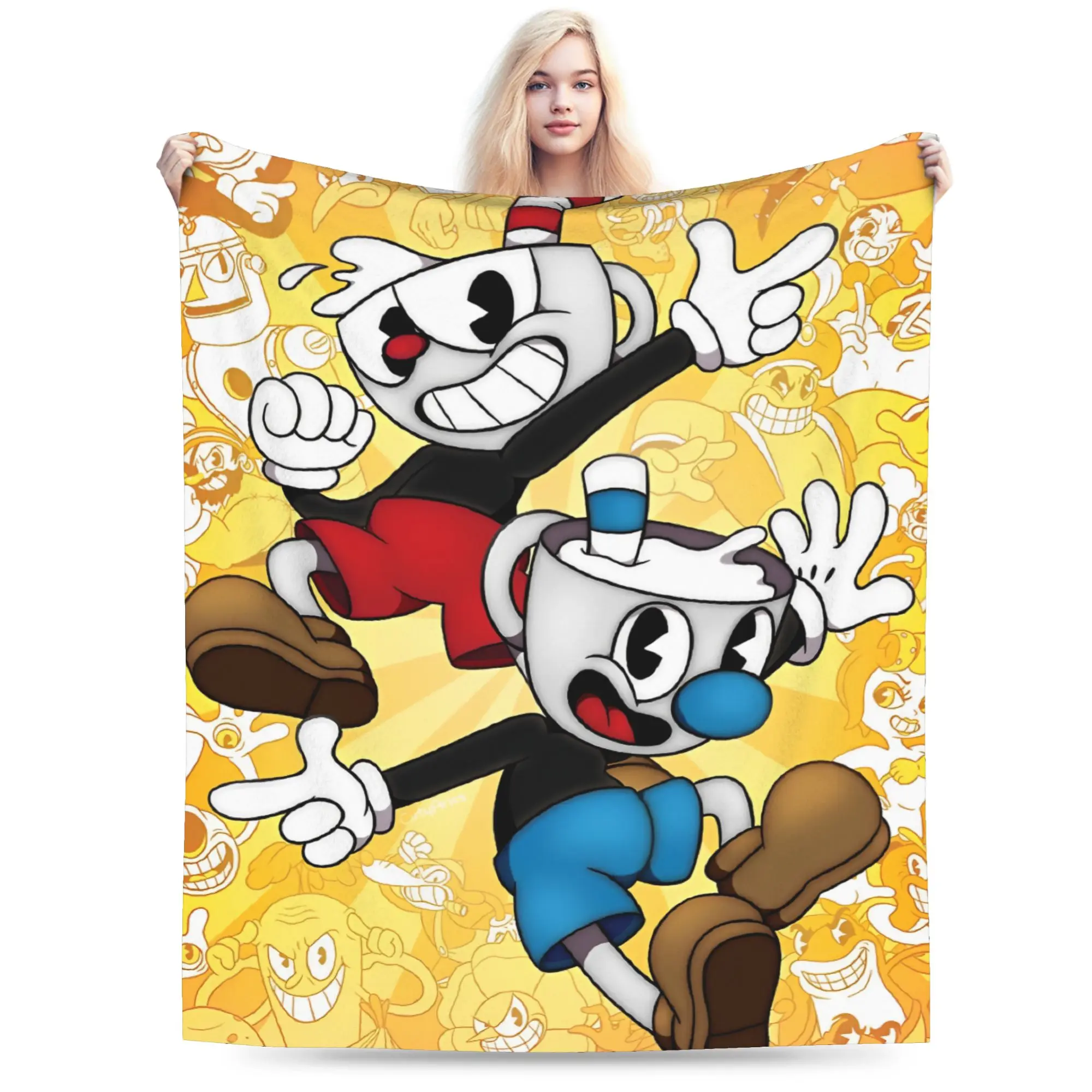 Cupheads and Mugmans Blankets Velvet Decoration Cartoon Portable Ultra-Soft Throw Blankets for Bedding Office Bedding Throws
