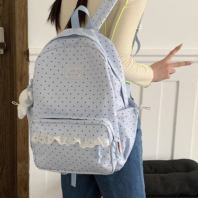 Modischer Rucksack, Damen-Schulrucksack mit Polka-Dot-Muster, süßer Spitzenbesatz, koreanischer leichter Schulrucksack mit großer Kapazität für Mädchen und Studenten – Detail 10