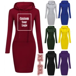 Retro Bodycon Autumn Fashion Mini Dresses Women Pockets Hooded Casual Dress Customize Your Logo Print Long Sleeve Sweatshirt