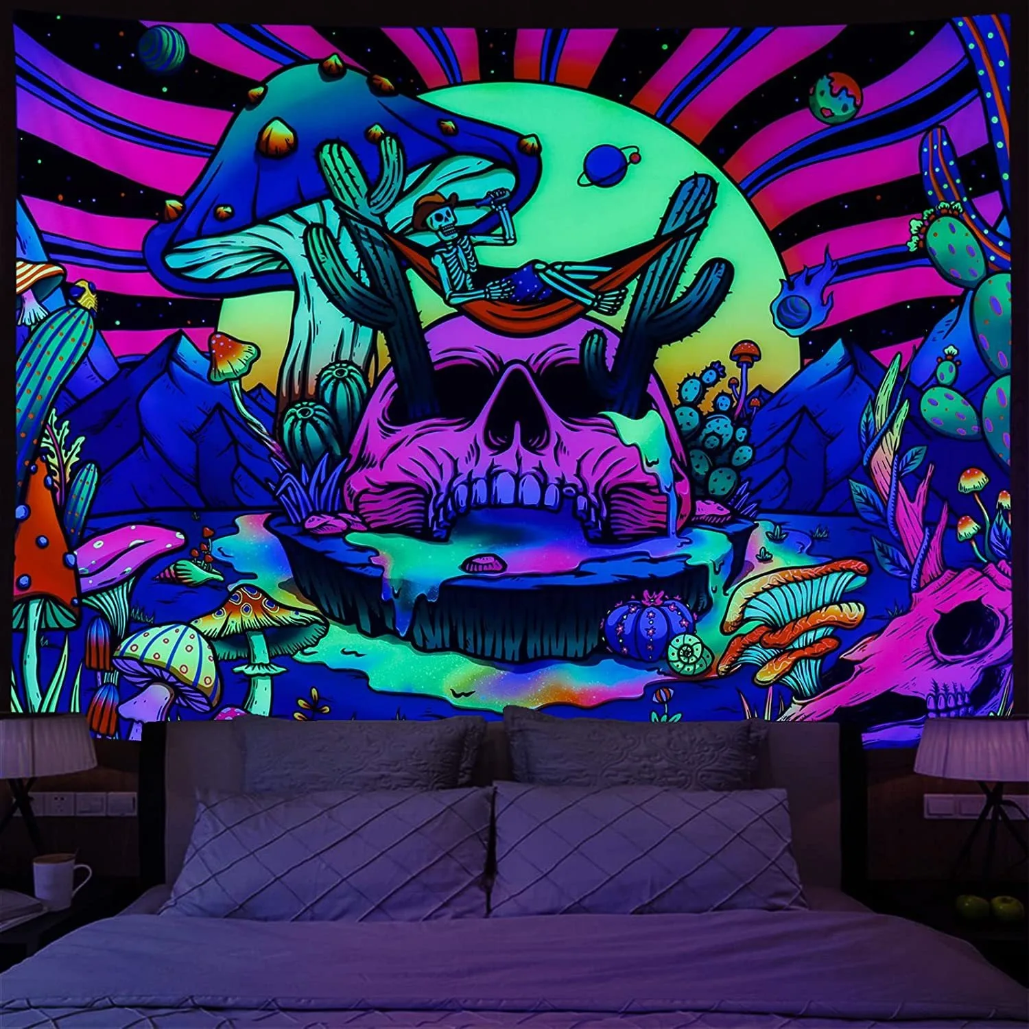 

Blacklight Mushroom Skull Tapestry UV Reactive Trippy Wall Hanging Peach Skin 2D Print Psychedelic Bedroom Dorm Decor