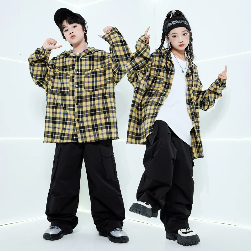 Neue Jazz Dance Kleidung Mädchen Hip Hop Kostüm Lose Kariertes Hemd Schwarze Hosen Jungen Breaking Street Dance Outfit Lange Ärmel Anzug