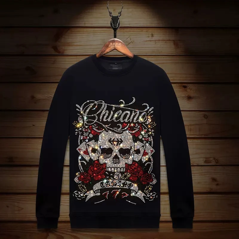 

2024 Skull Rhinestones Hoodies for Men Sweatshirts Fashion Streetwear Full Pullover Hoodie Mens Autumn Clothes Ropa De Hombre