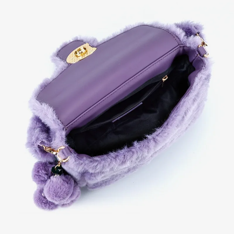 Elegant Purple Shoulder Bags for Women 2024 Elegant Autumn Winter Plush Crossbody Bag Sweet Underarm Bag Office Lady Bolsos