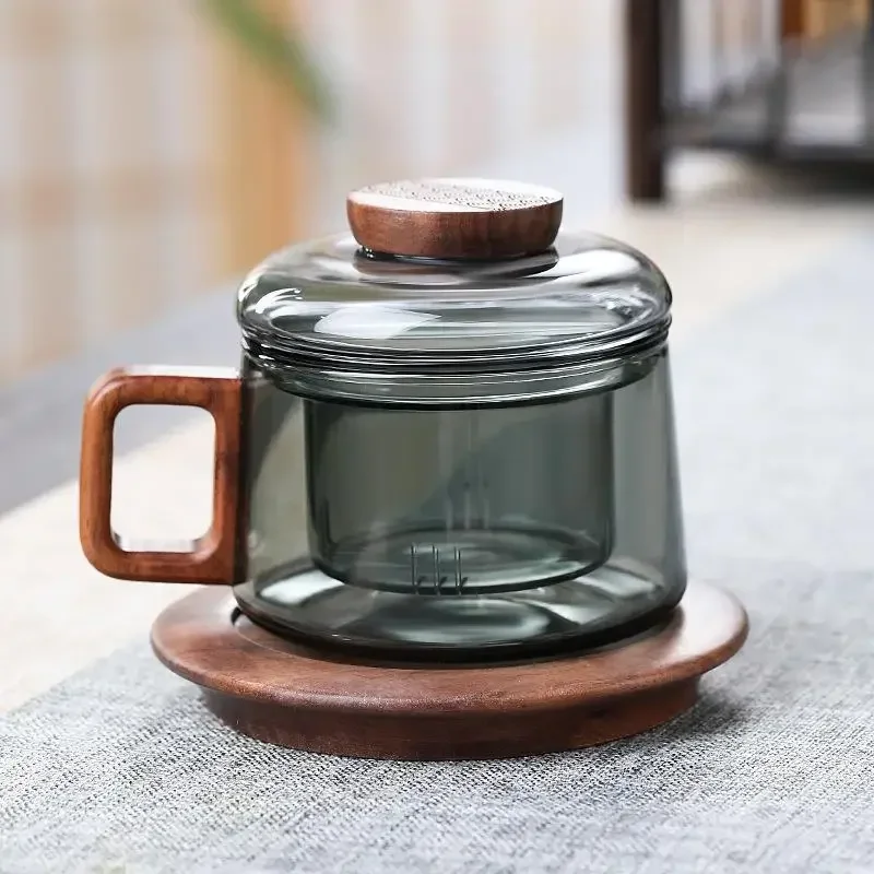 

borosilicate glass transparent black glass tea separation with lid pier pier cup creative side wood handle tea three-piece cup